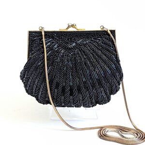 Vintage Walborg Beaded Clam Shell Evening Bag Clutch Crossbody Purse Black